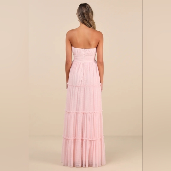 Lulus Sweetness Light Pink Mesh Swiss Dot Tiered Maxi Dress M Wedding Party - Picture 4 of 9